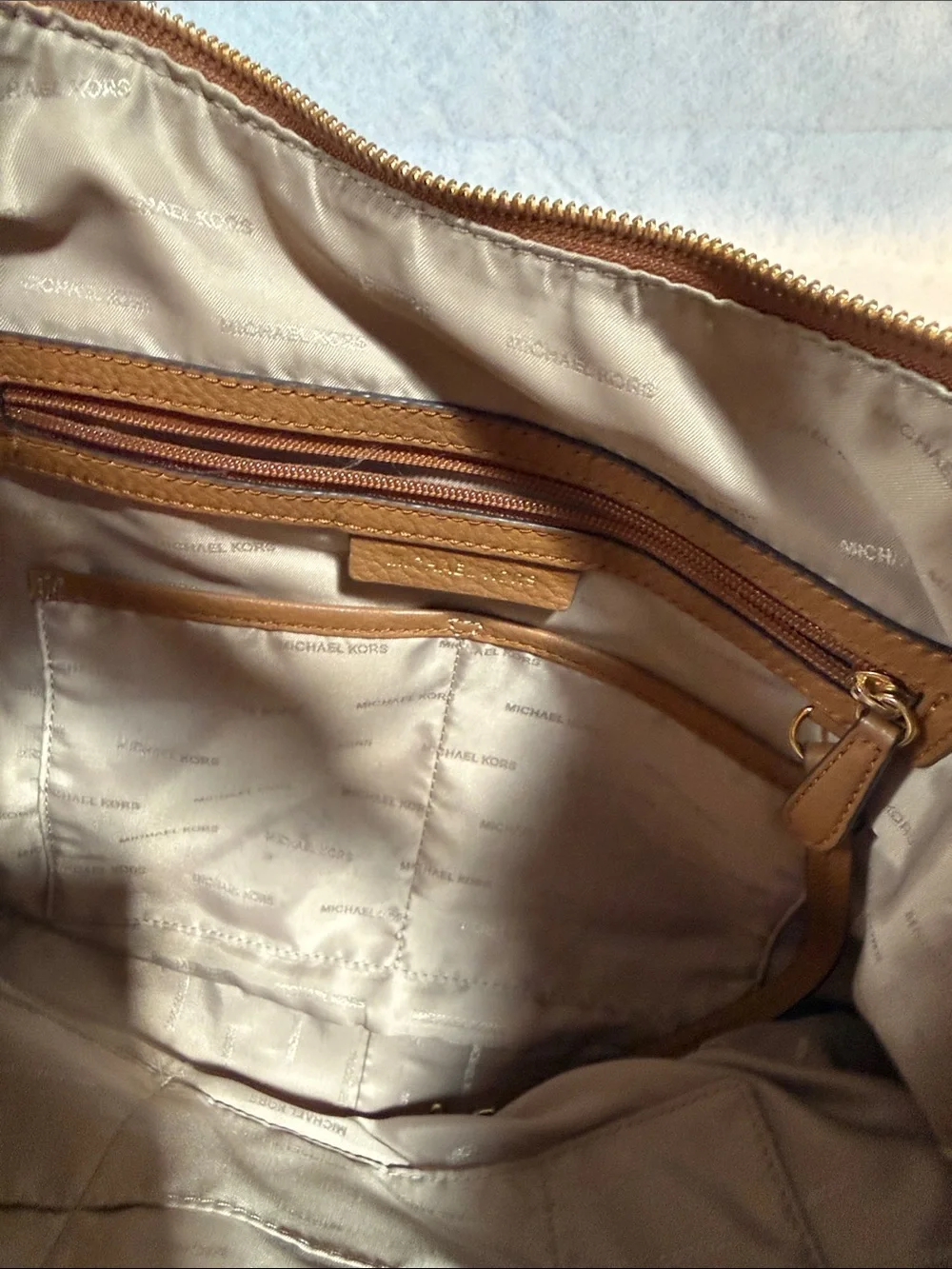 Michael Kors Tan Leather Hobo with Gold MK Charm